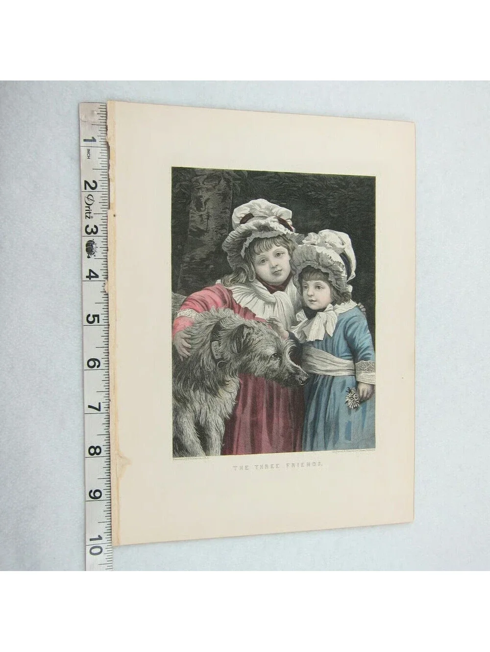 Antique 1800s Victorian Engraving Print Little Girls & Dog Three Friends Colored